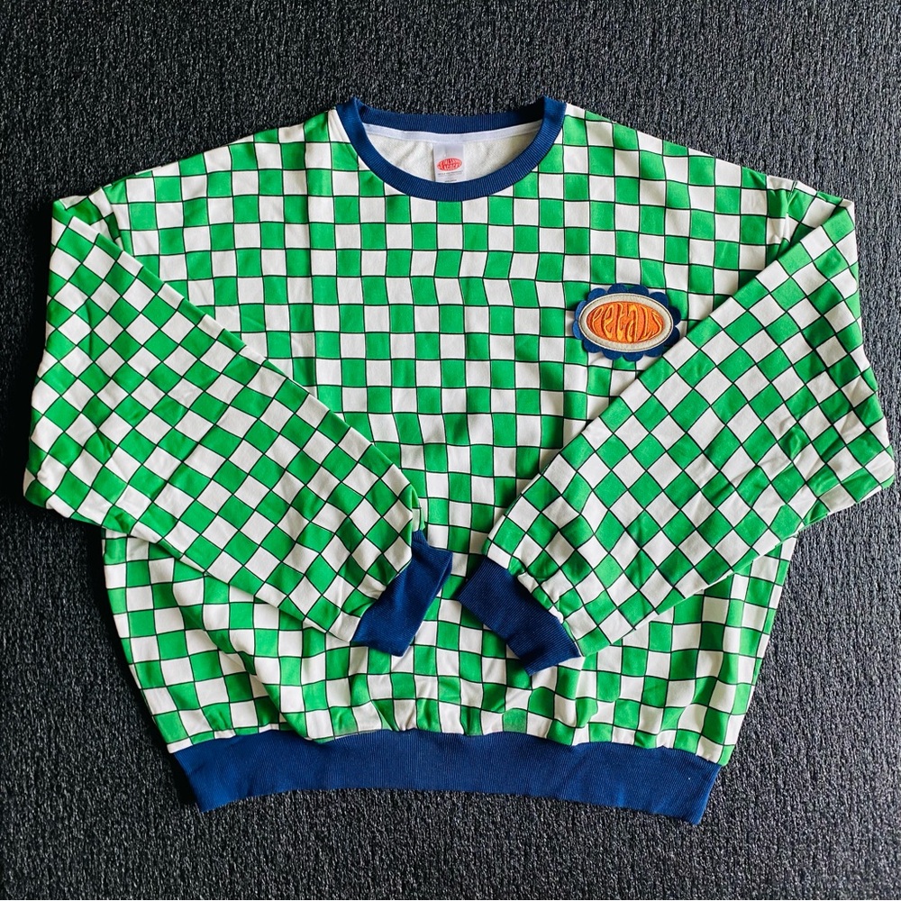 Petals & Peacocks Green Checkered Crew Neck Sweater with Blue Accents Size XXXL